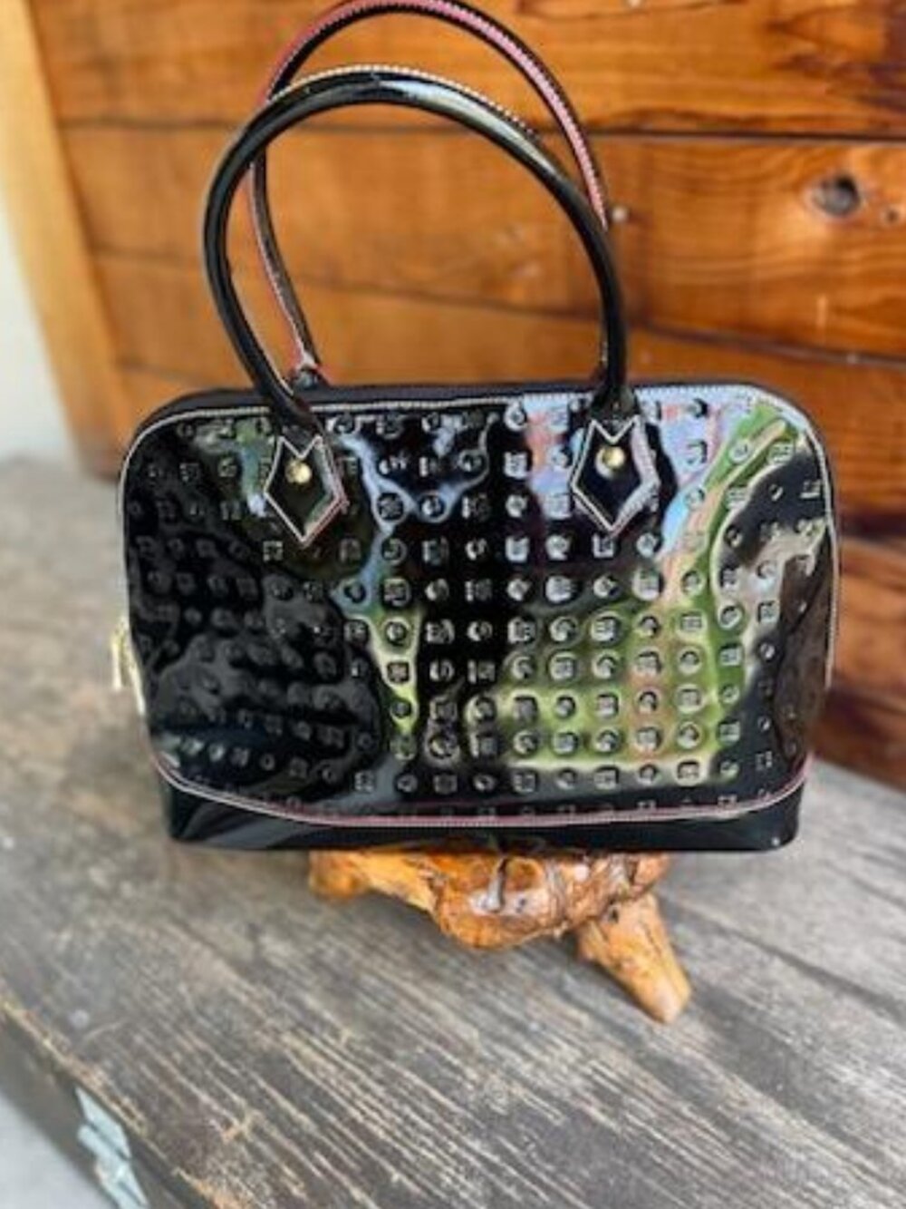 Authentic ARCADIA Made in Italy-Black Patent Leather Dome Satchel-
